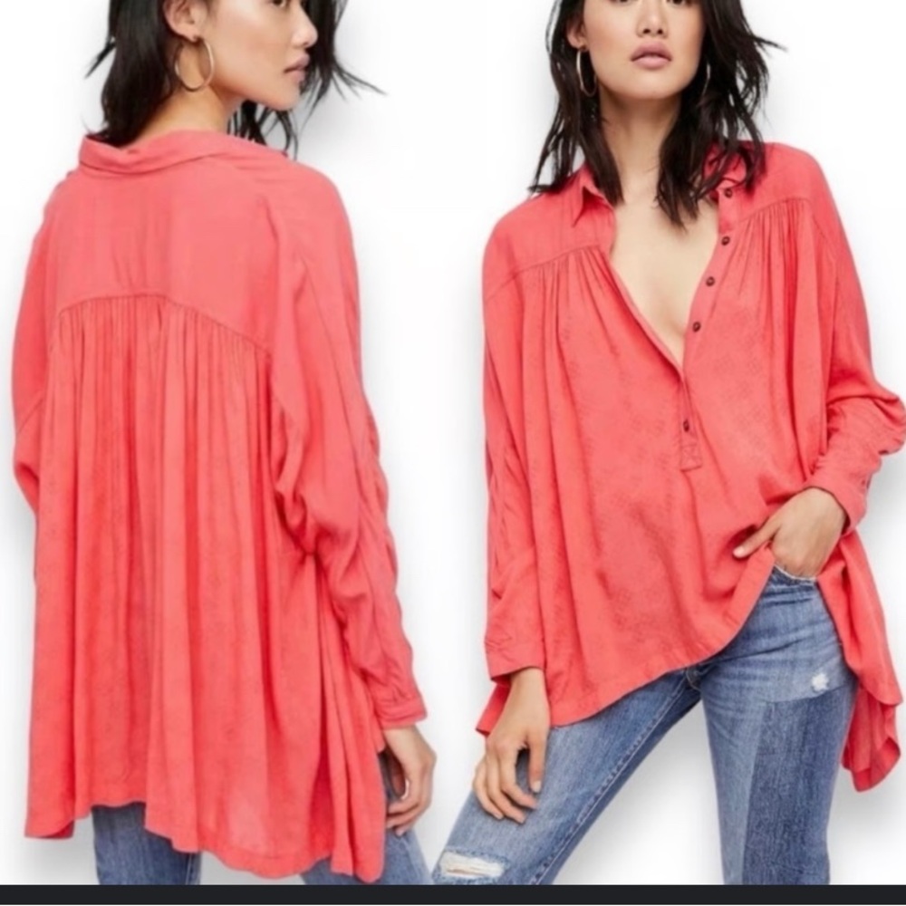 Free People Coral-Pink Oversized Button-Down Tunic